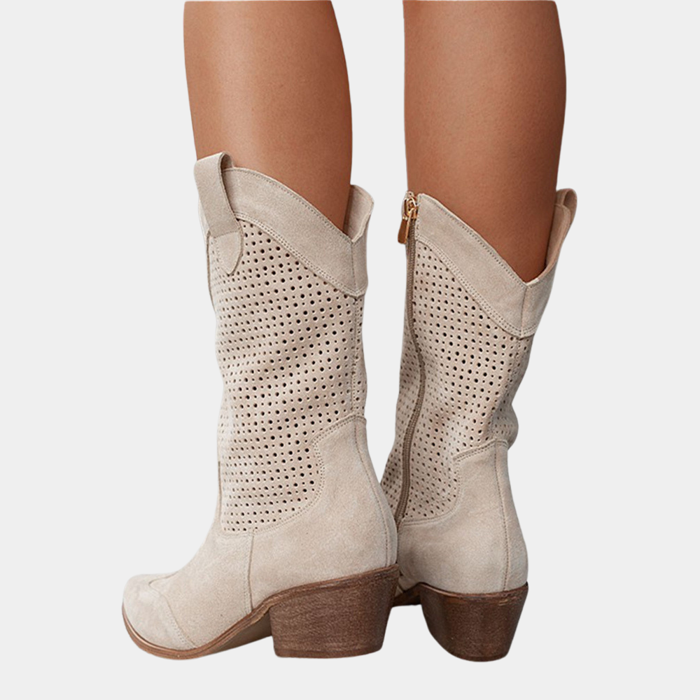 Women's Cowboy Boots Perforated Shaft and Stacked Block Heel