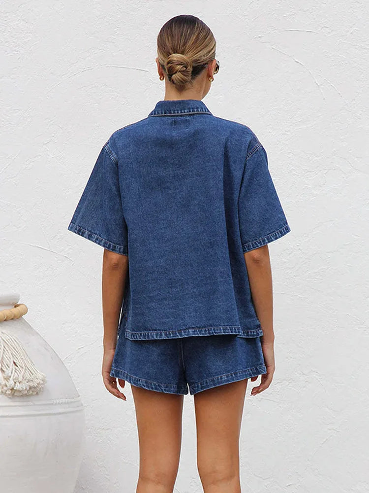 Women's Denim 2-Piece Set Short Sleeve Shirt and Drawstring Shorts