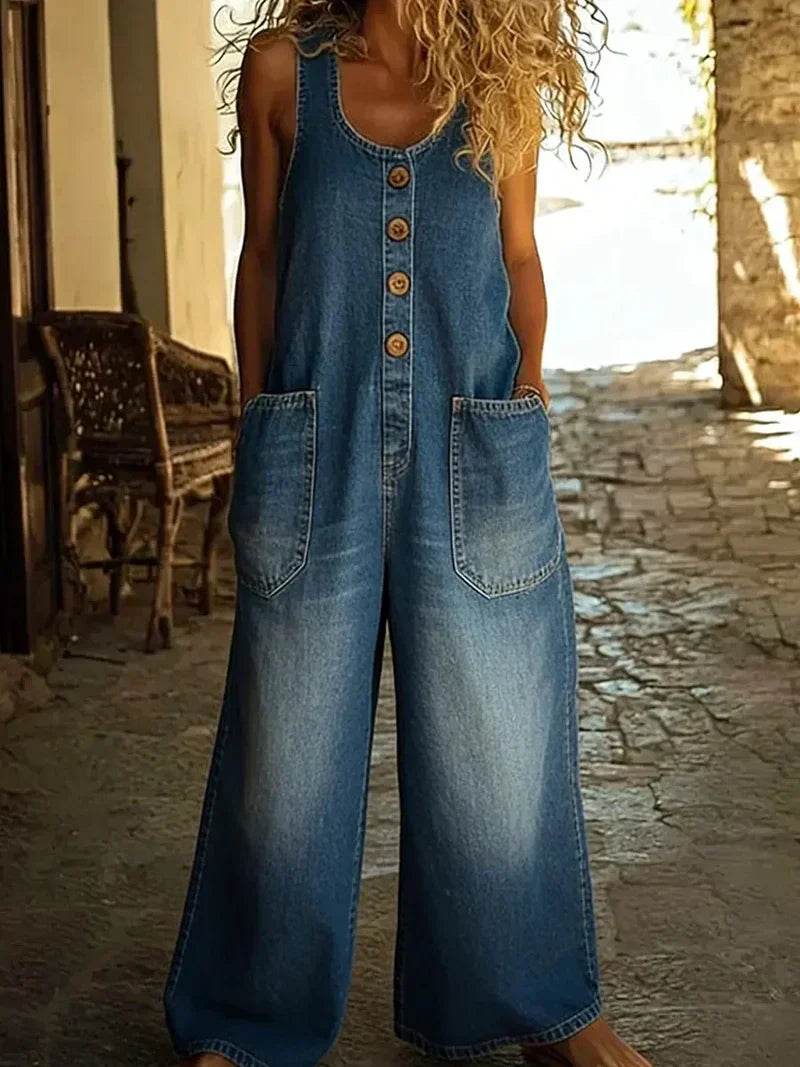 Women's Denim Overalls Loose Fit Sleeveless Jumpsuit
