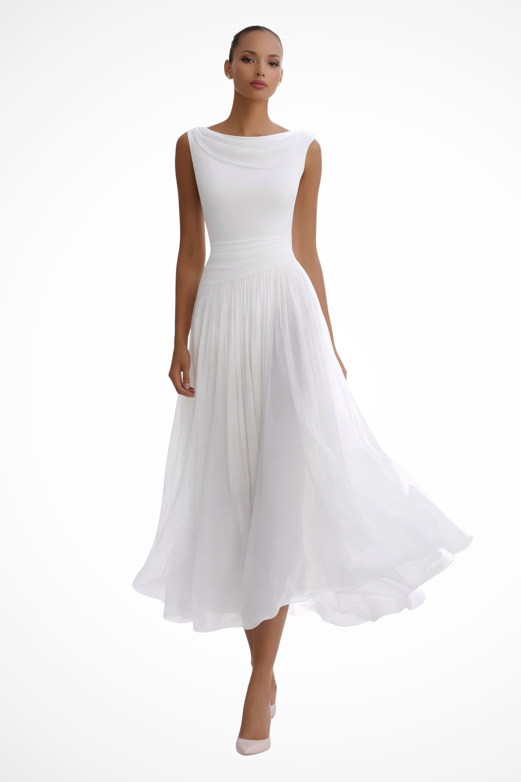 Women's Draped Midi Dress with Pleated Skirt and Cowl Neckline