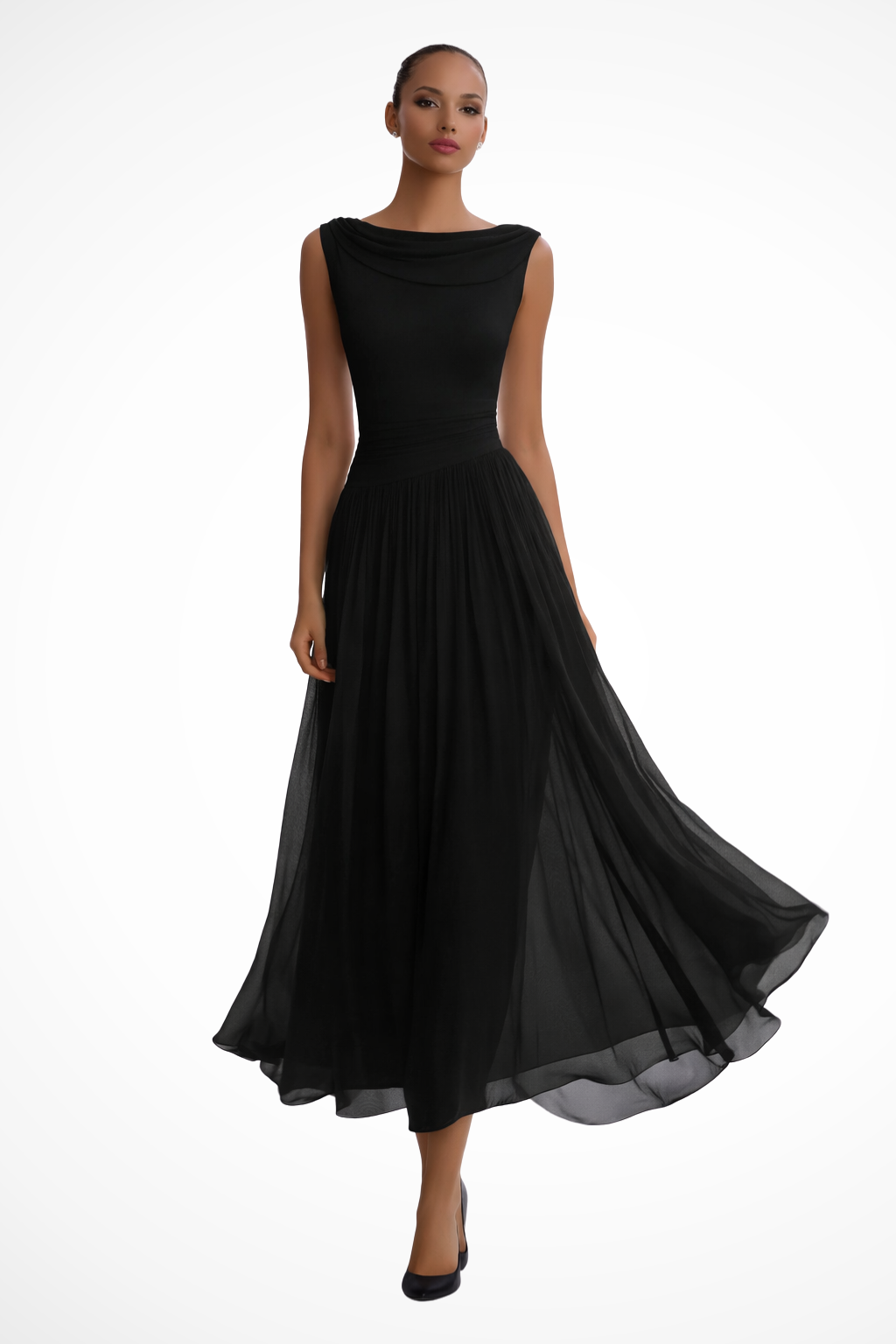Women's Draped Midi Dress with Pleated Skirt and Cowl Neckline