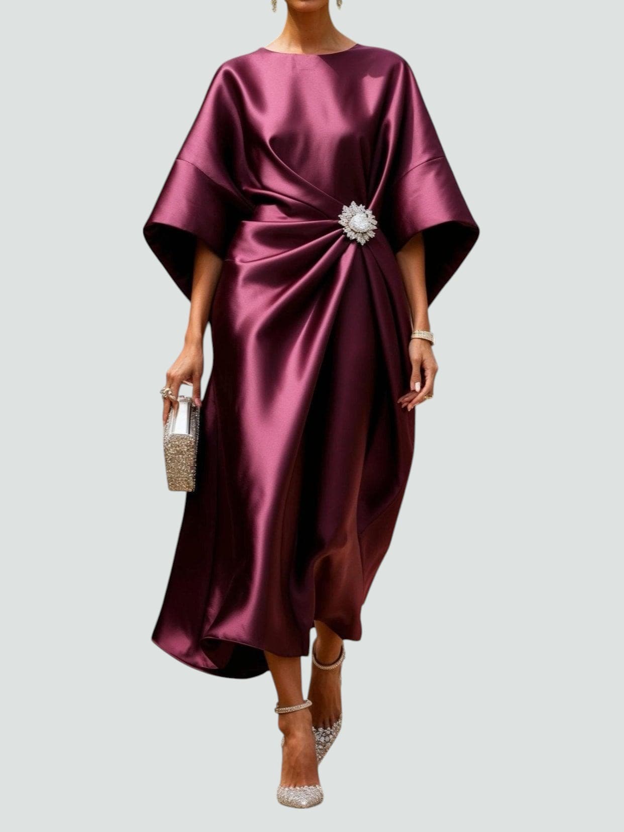 Women's Elegant Wedding Guest Midi Dress Bell Sleeve Cocktail