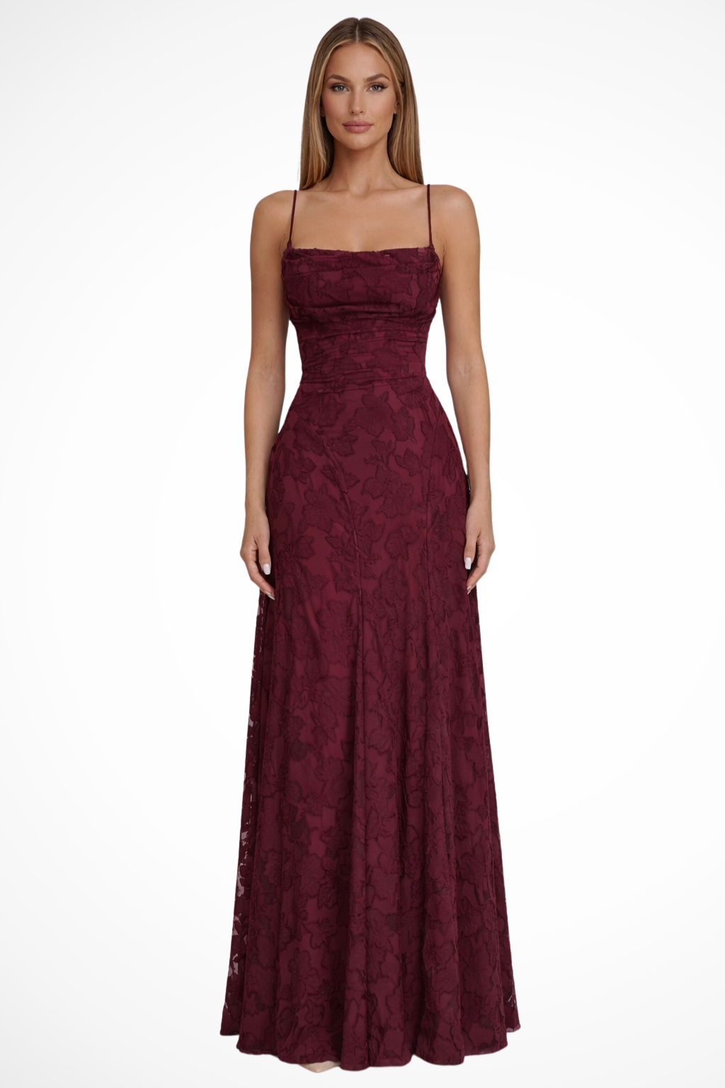 Women's Floral Lace Maxi Wedding Guest Dress with Spaghetti Straps