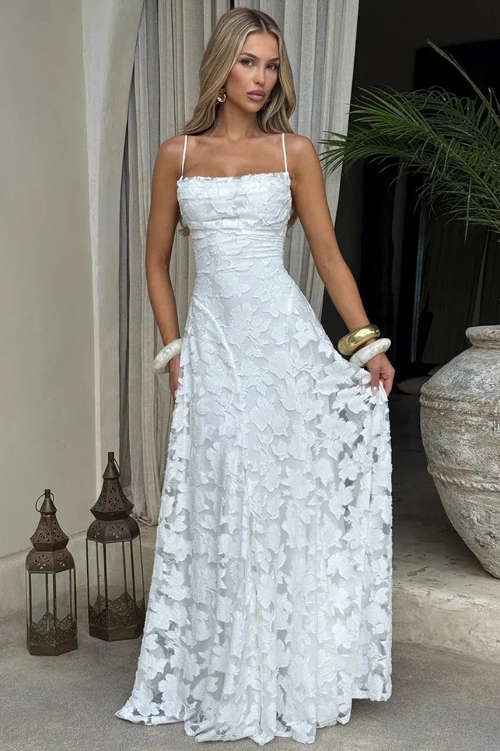 Women's Floral Lace Maxi Wedding Guest Dress with Spaghetti Straps