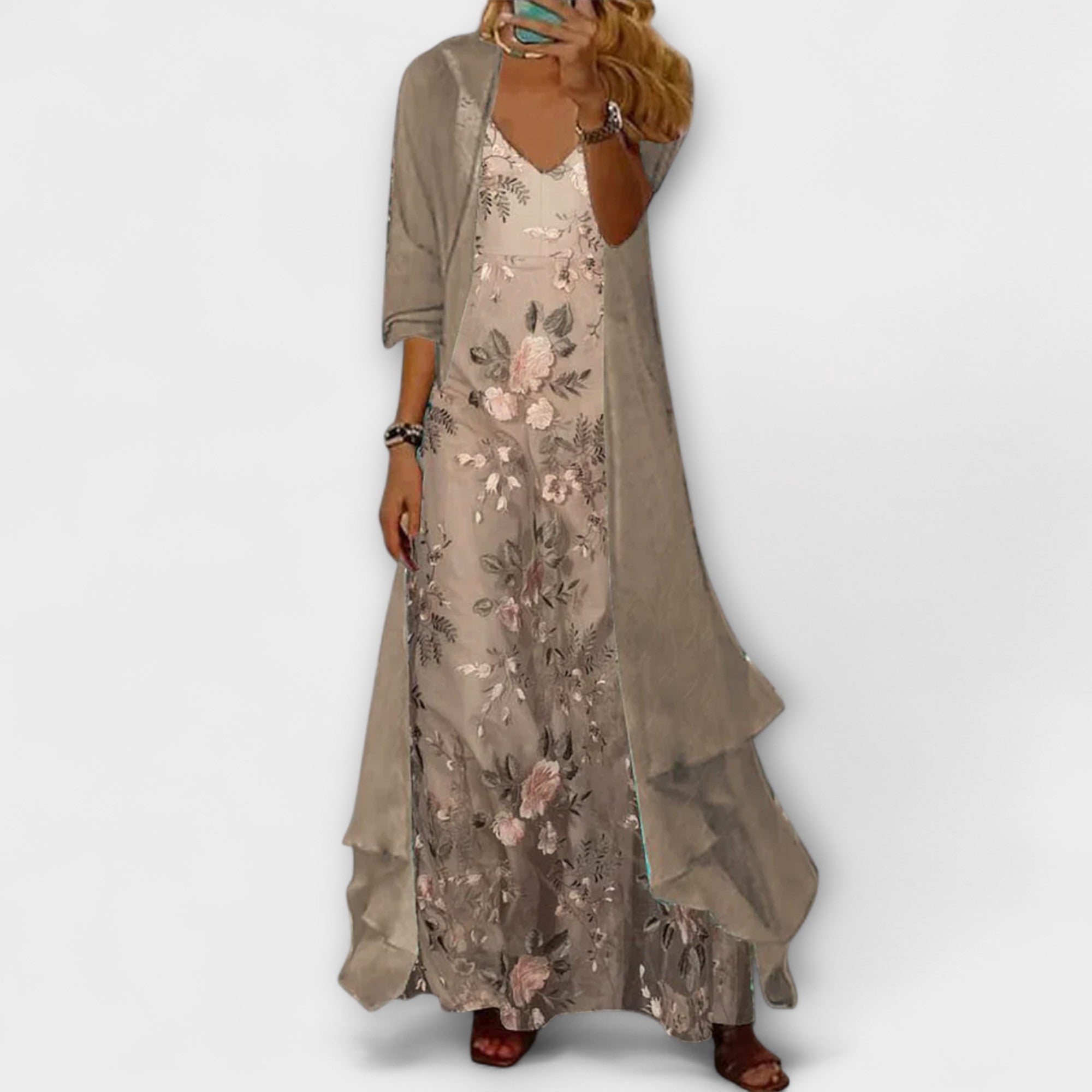 Women's Floral Maxi Dress Set Sleeveless Gown and Cardigan