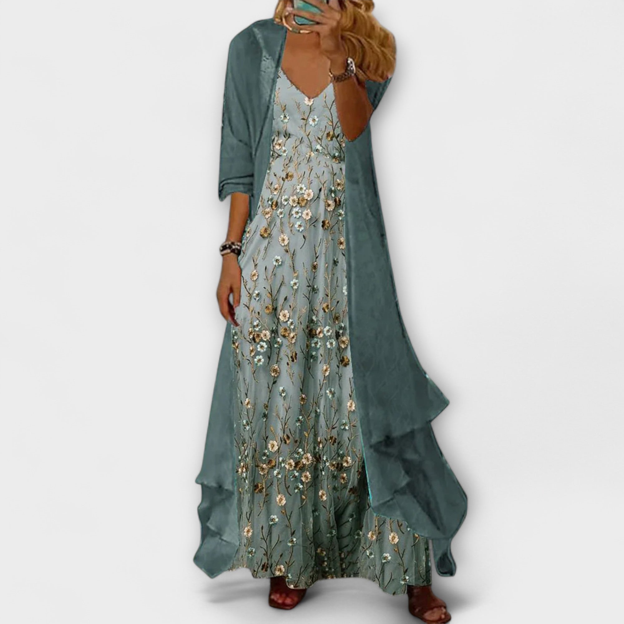 Women's Floral Maxi Dress Set Sleeveless Gown and Cardigan