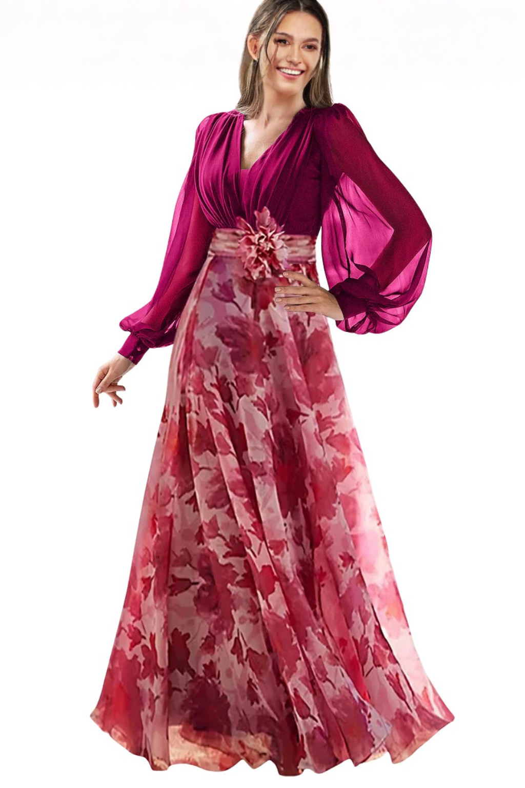 Women's Floral Maxi Dress with V-Neck and Long Bishop Sleeves