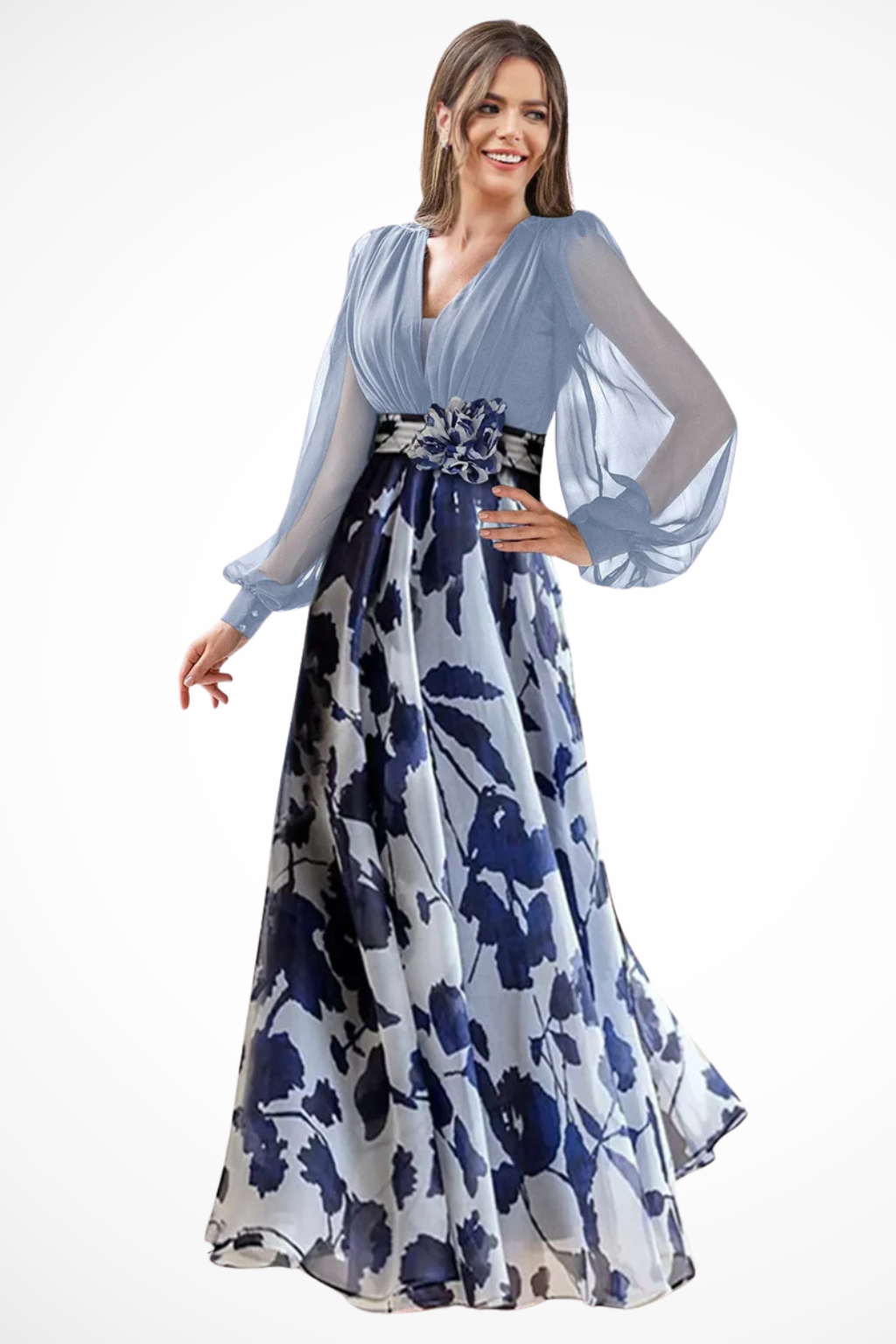Women's Floral Maxi Dress with V-Neck and Long Bishop Sleeves