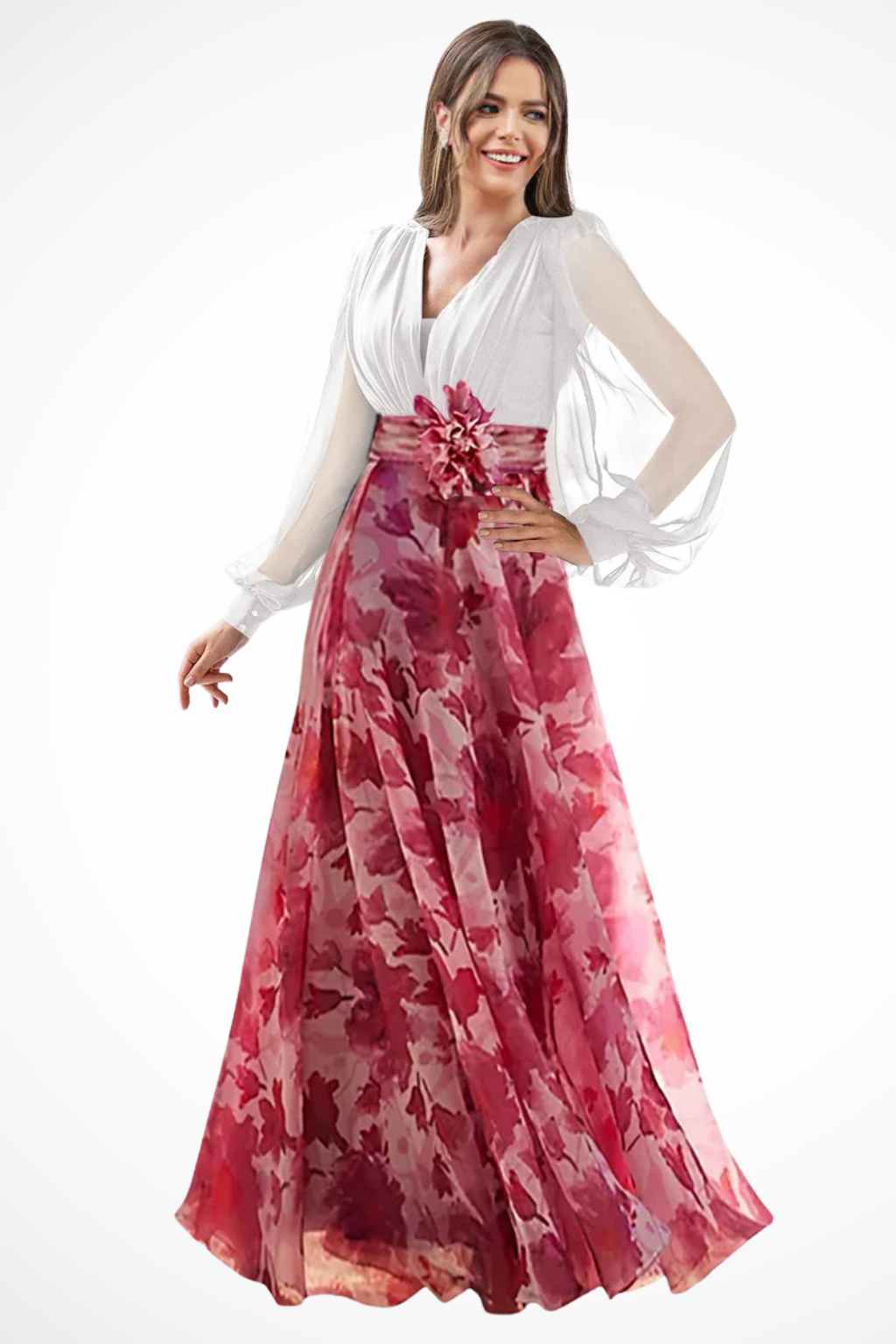 Women's Floral Maxi Dress with V-Neck and Long Bishop Sleeves