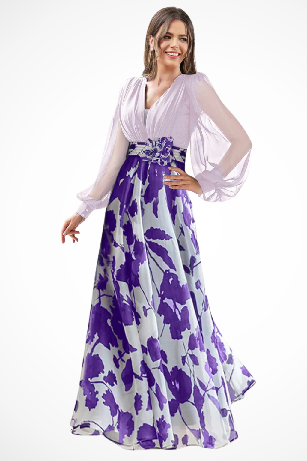 Women's Floral Maxi Dress with V-Neck and Long Bishop Sleeves