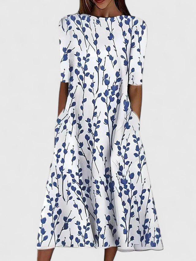 Women's Floral Midi Dress Pocket Short Sleeve Casual Summer
