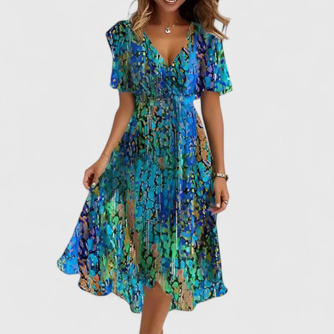 Women's Floral Midi Dress V-Neck and Pleated Waist Detail