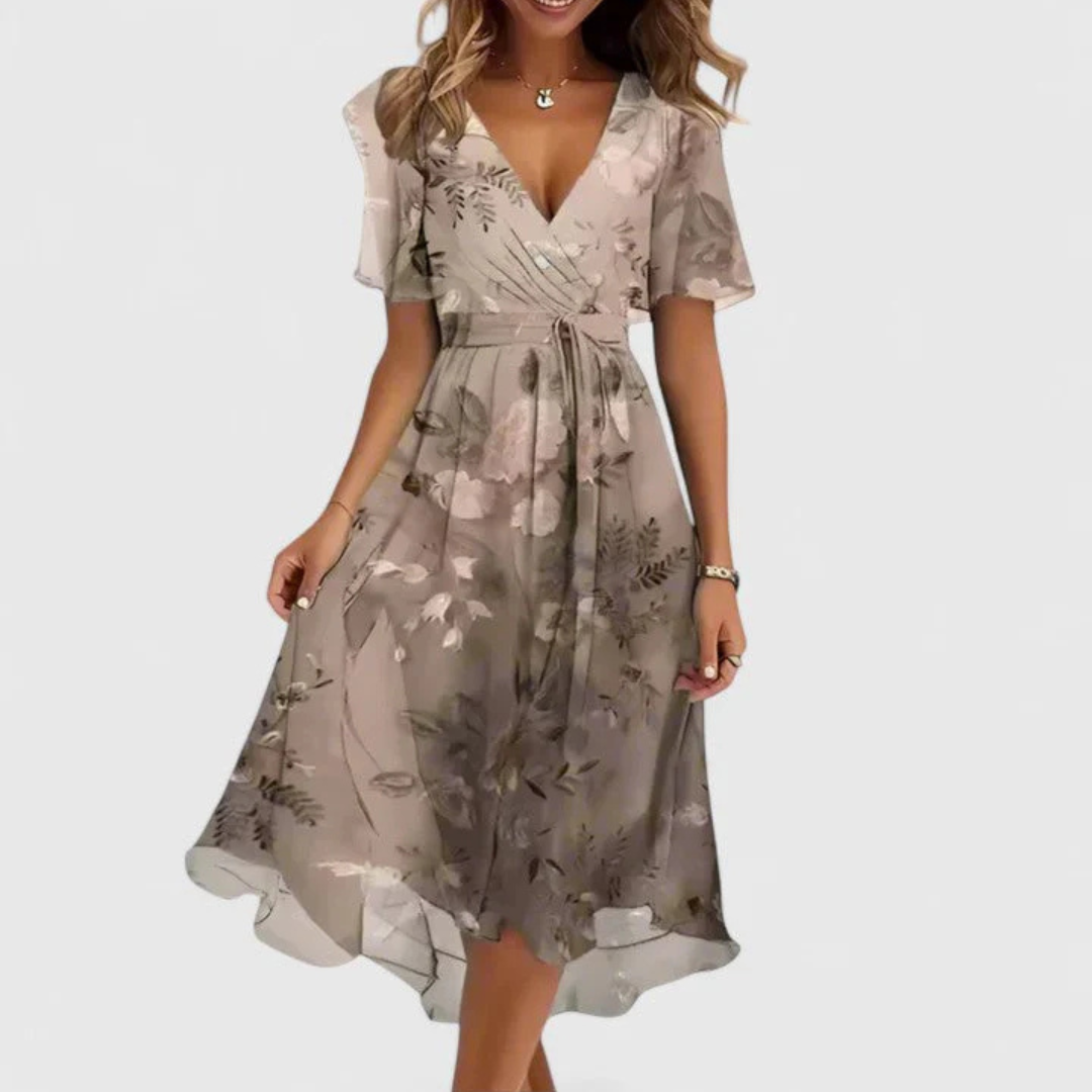 Women's Floral Midi Dress V-Neck and Pleated Waist Detail