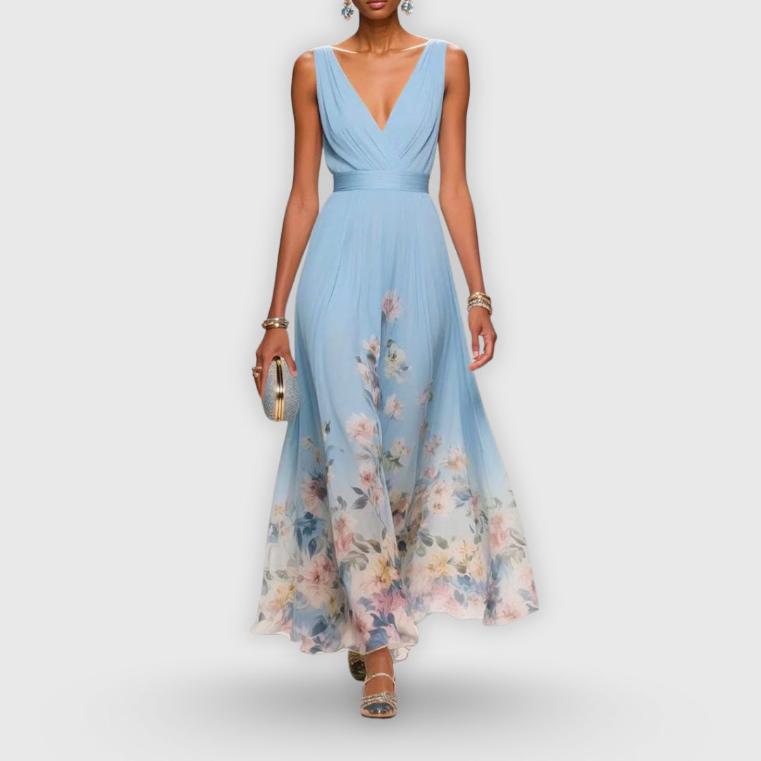 Women's Floral Wedding Guest Maxi Dress Sleeveless and Pleated V-Neck