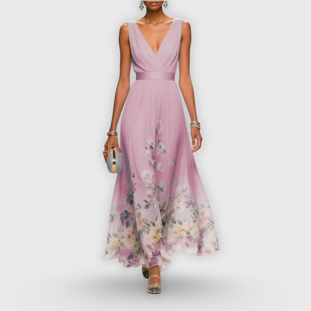 Women's Floral Wedding Guest Maxi Dress Sleeveless and Pleated V-Neck