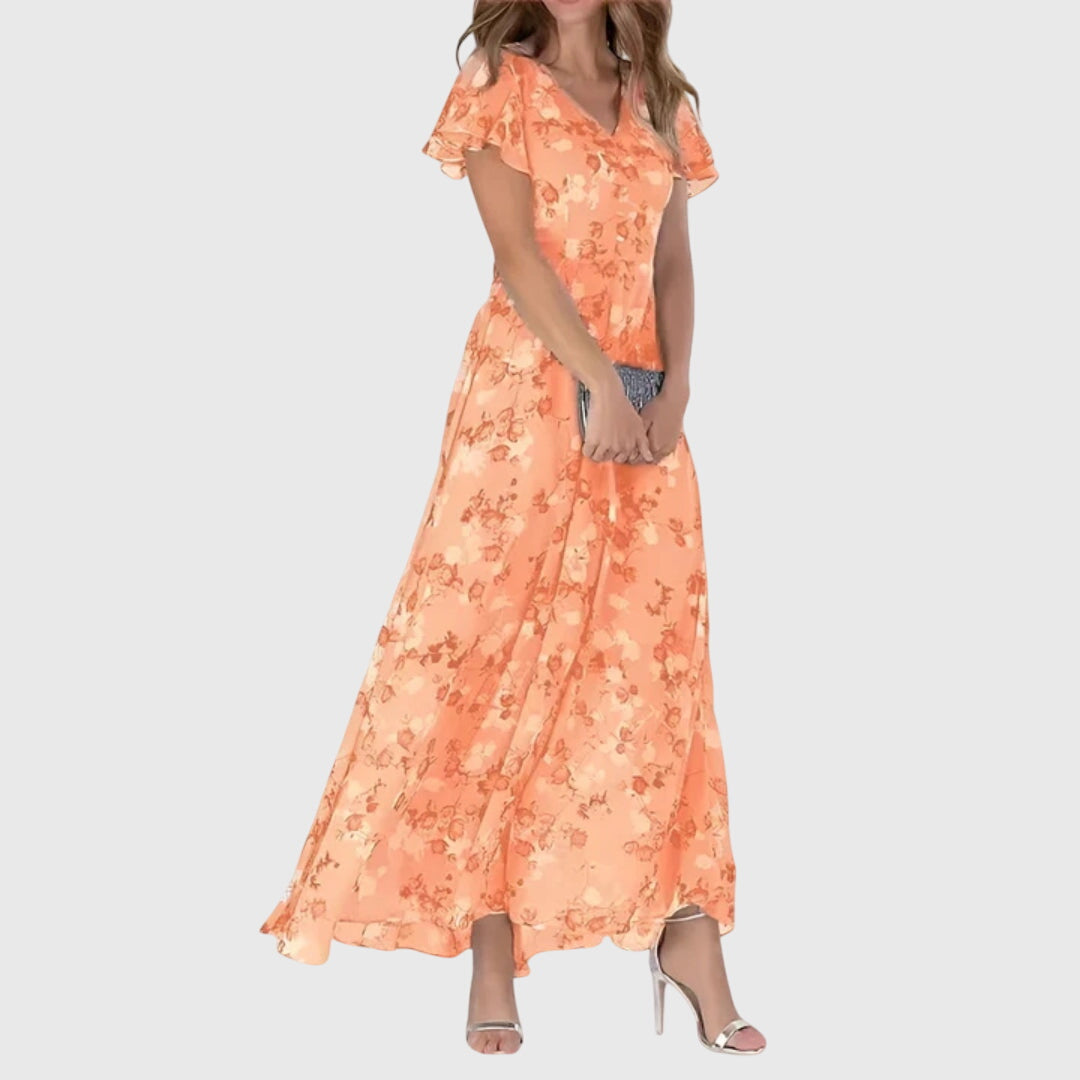 Women's Floral Wedding Guest Maxi Dress V-Neck Flutter Sleeve
