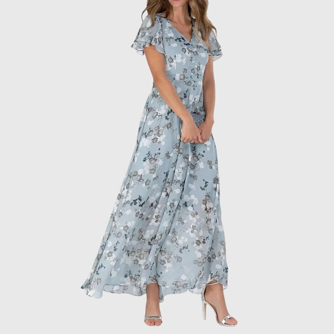 Women's Floral Wedding Guest Maxi Dress V-Neck Flutter Sleeve