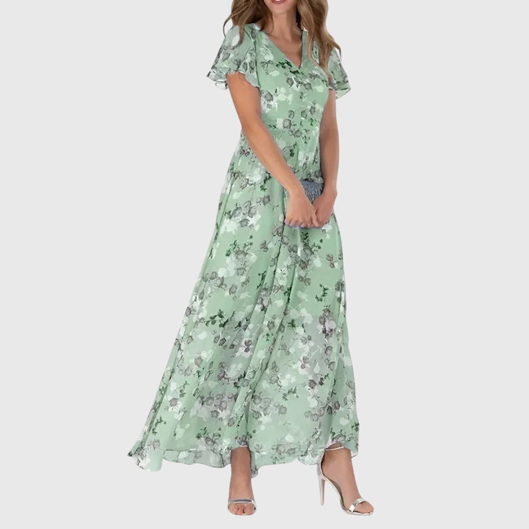Women's Floral Wedding Guest Maxi Dress V-Neck Flutter Sleeve