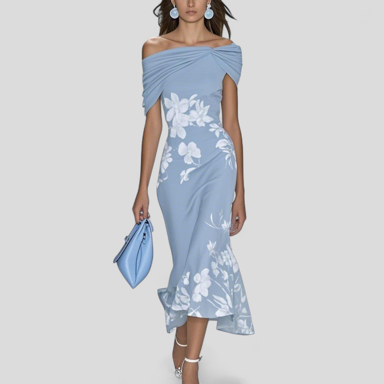 Women's Floral Wedding Guest Midi Dress Off the Shoulder