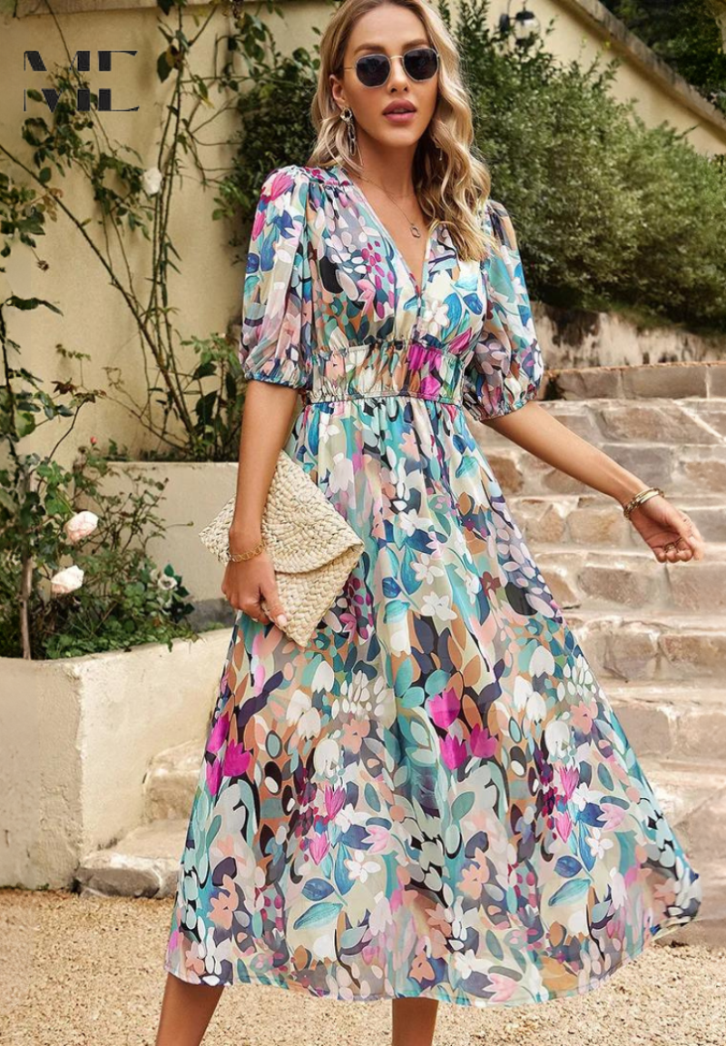 Women's Floral Wedding Guest Midi Dress Smocked Waist and Short Puff Sleeves