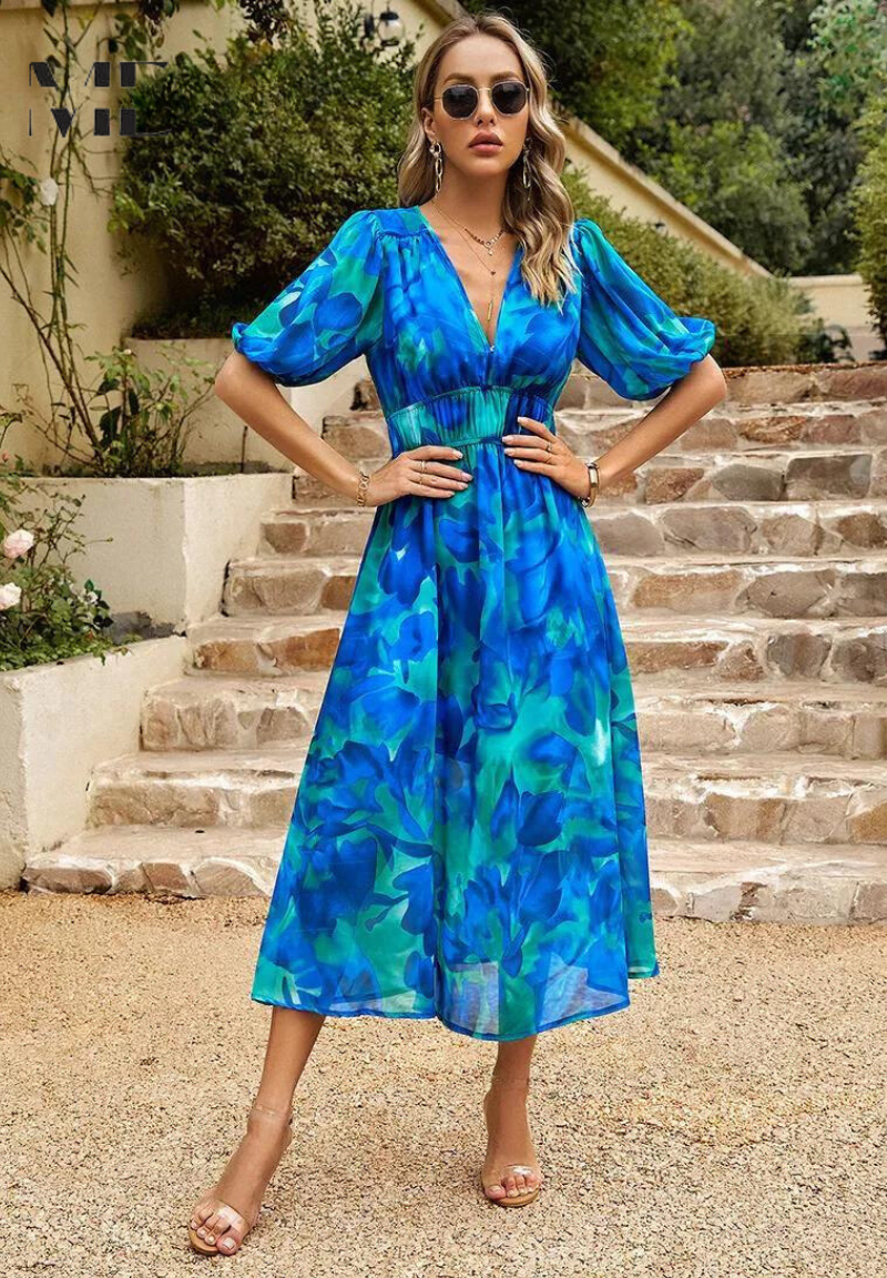 Women's Floral Wedding Guest Midi Dress Smocked Waist and Short Puff Sleeves