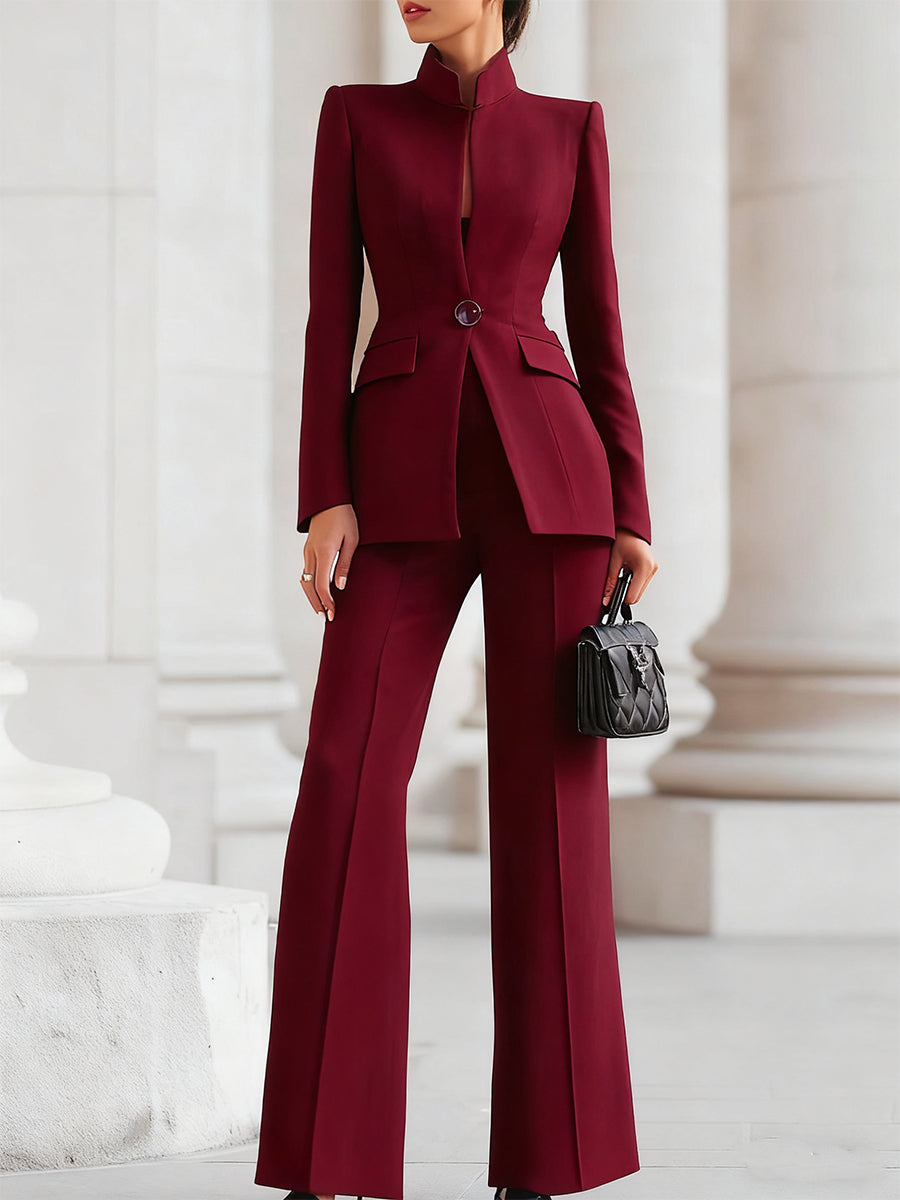 Women's Formal Pantsuit Mandarin Collar and Wide Leg Trousers