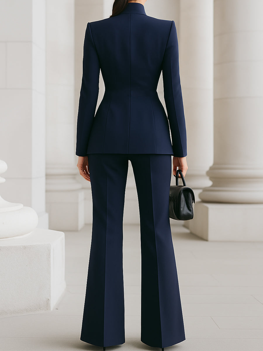 Women's Formal Pantsuit Mandarin Collar and Wide Leg Trousers
