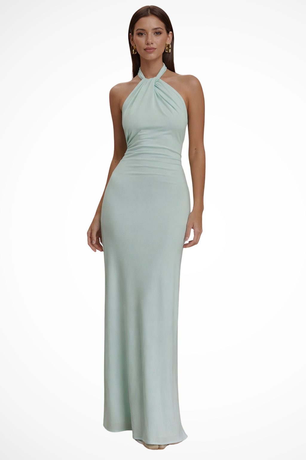 Women's Halter Maxi Dress with Backless Knot Detail and Ruched Bodice