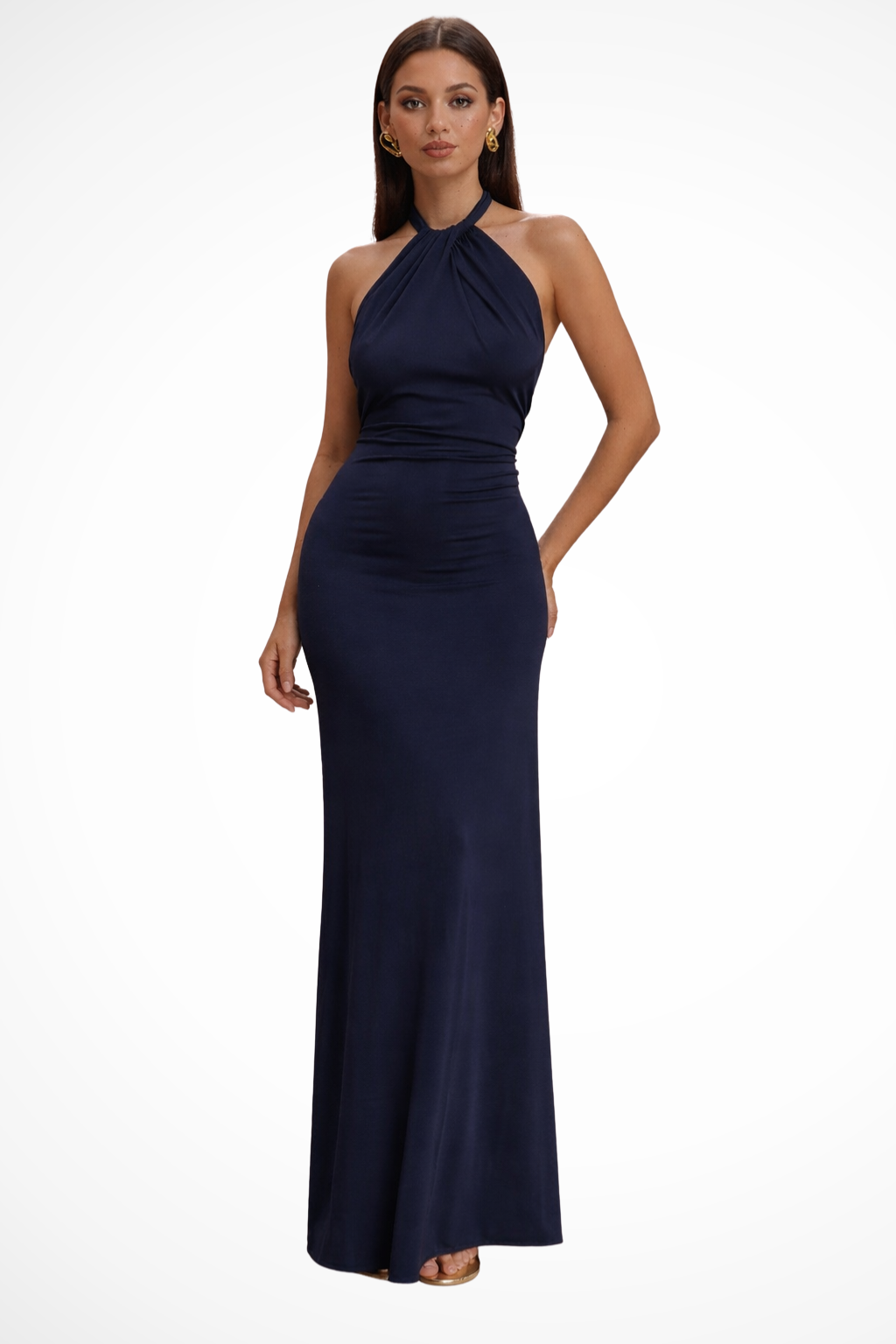 Women's Halter Maxi Dress with Backless Knot Detail and Ruched Bodice