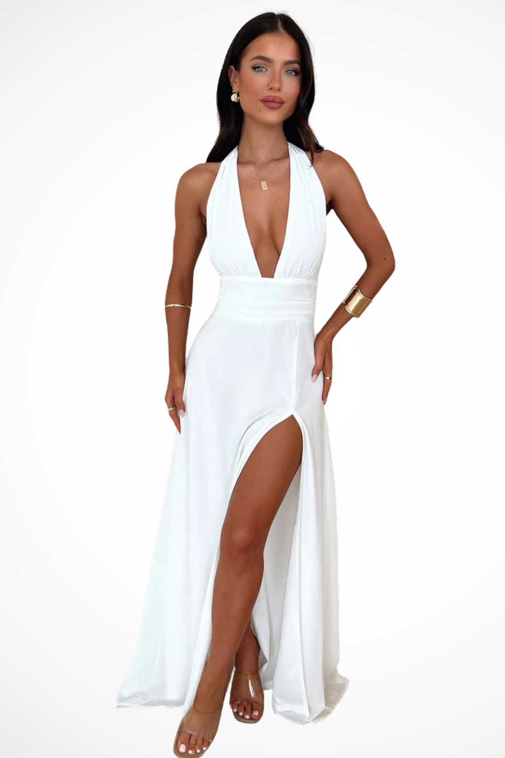 Women's Halter Maxi Wedding Guest Dress with High Thigh Slit