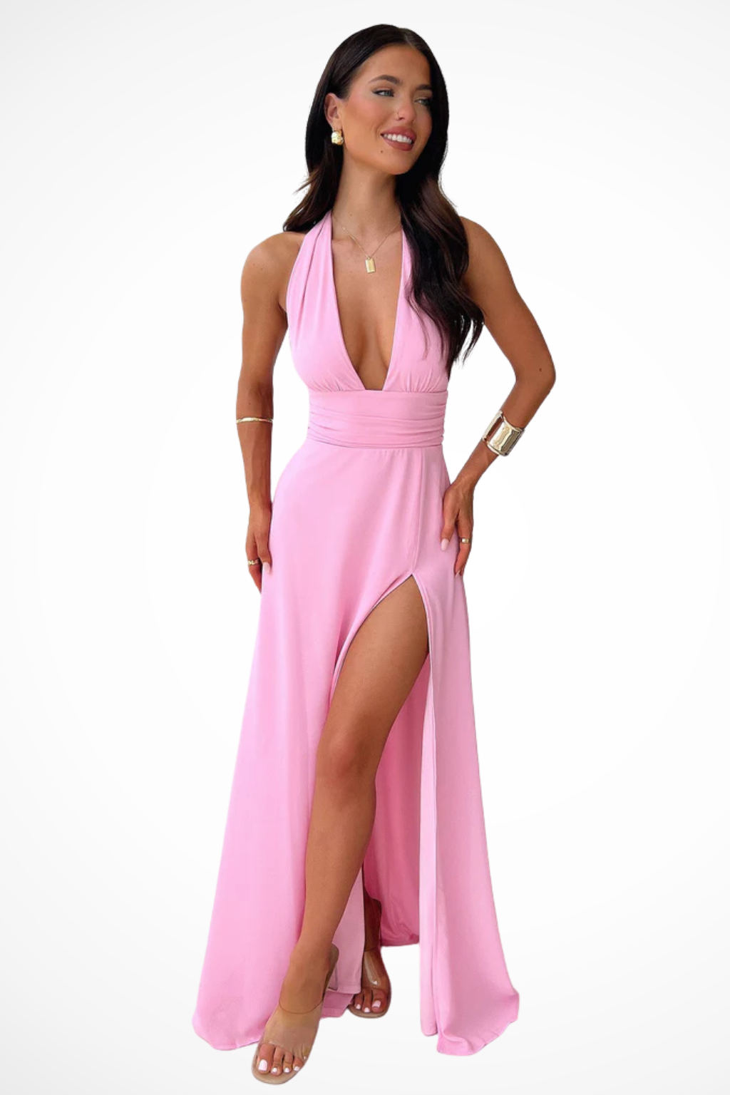 Women's Halter Maxi Wedding Guest Dress with High Thigh Slit
