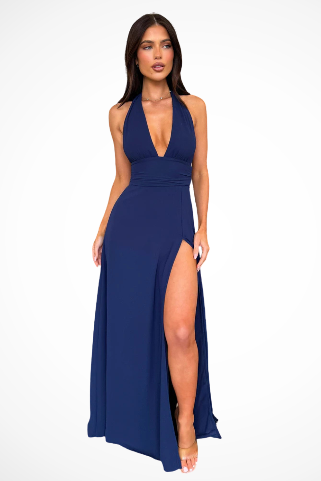 Women's Halter Maxi Wedding Guest Dress with High Thigh Slit
