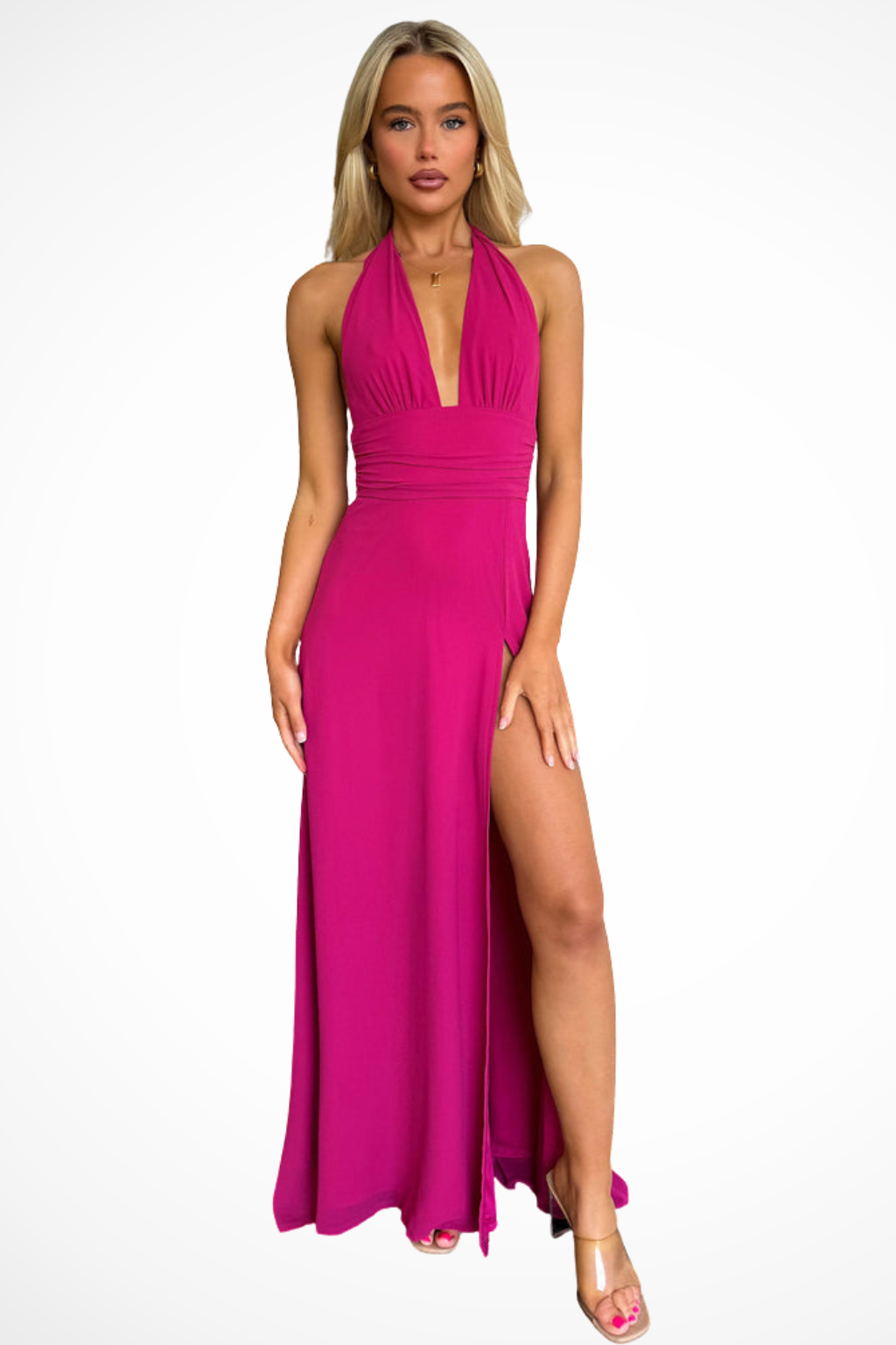 Women's Halter Maxi Wedding Guest Dress with High Thigh Slit