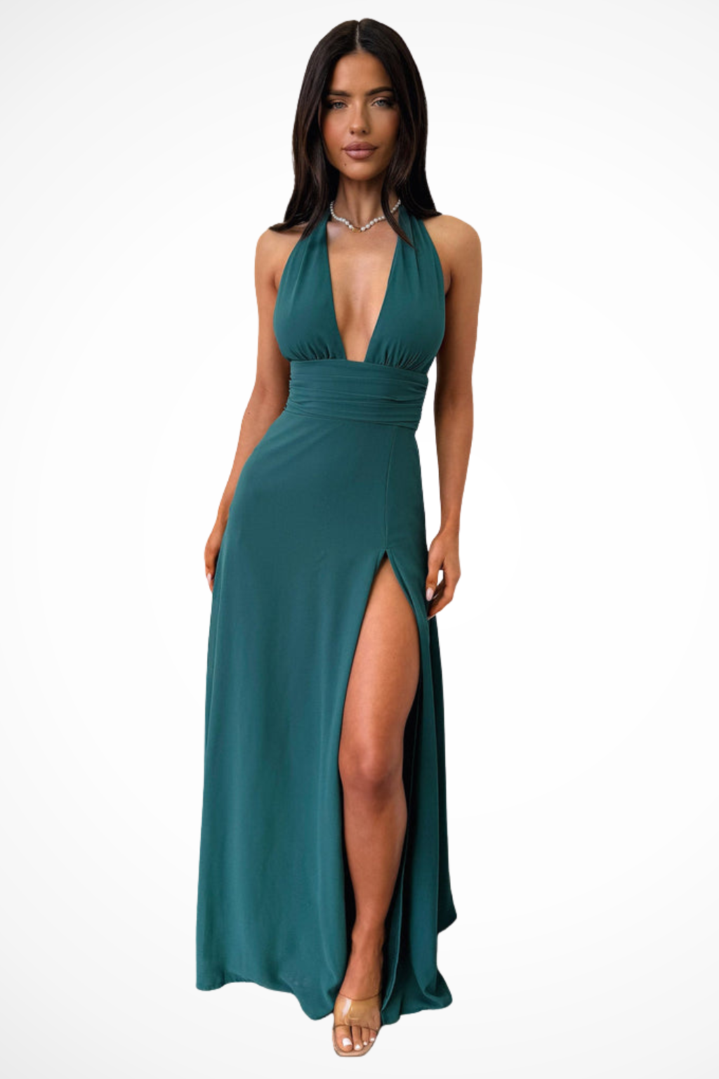 Women's Halter Maxi Wedding Guest Dress with High Thigh Slit