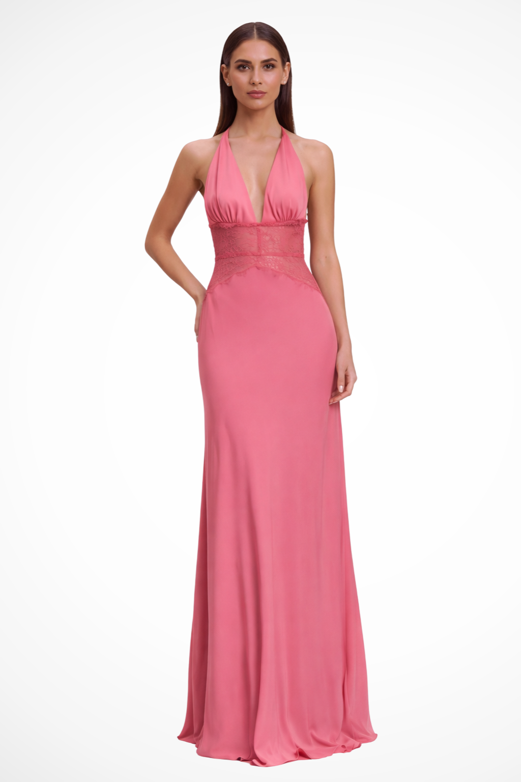 Women's Halter Maxi Dress with Lace Waist Inset and Deep V-Neck