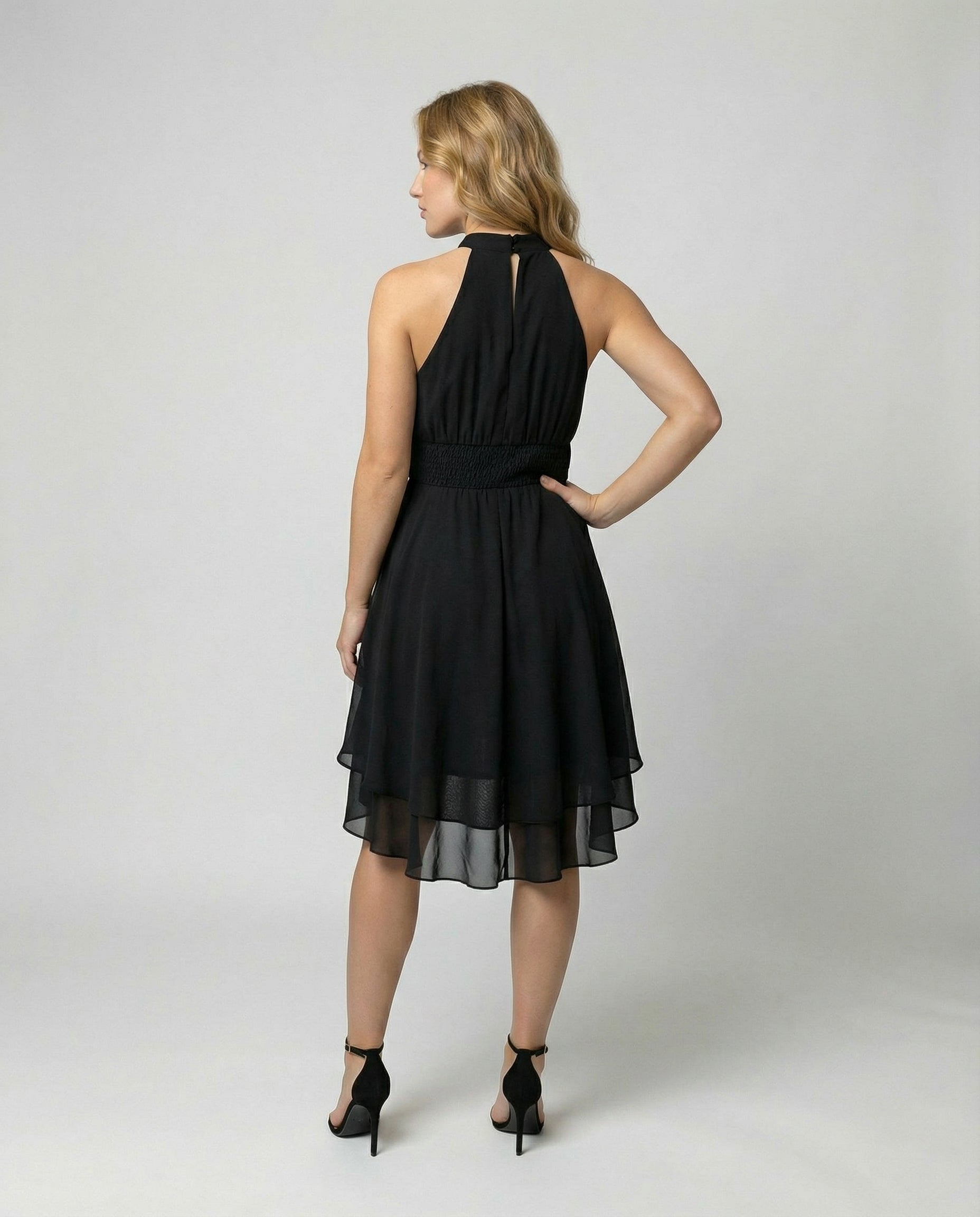 Women's Halter Neck Mini Dress Pleated Bodice and Layered Hem