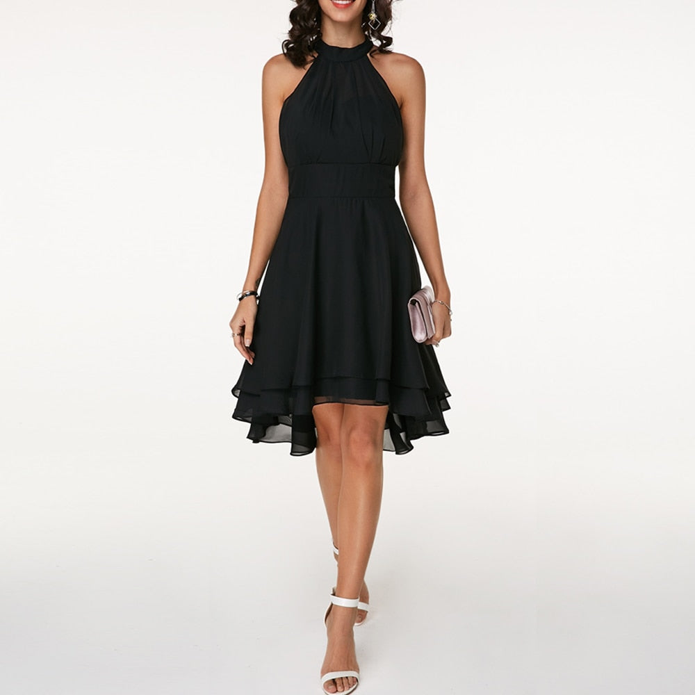 Women's Halter Neck Mini Dress Pleated Bodice and Layered Hem