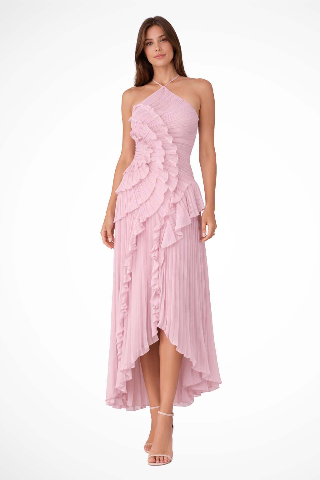 Women's Halter Neck Pleated Midi Dress with Tiered Ruffles and High-Low Hem