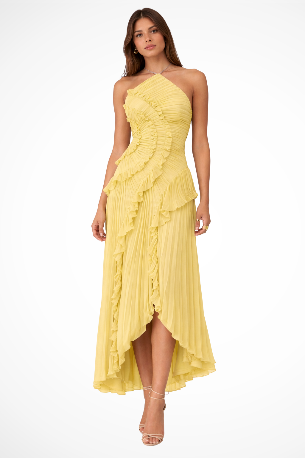 Women's Halter Neck Pleated Midi Dress with Tiered Ruffles and High-Low Hem