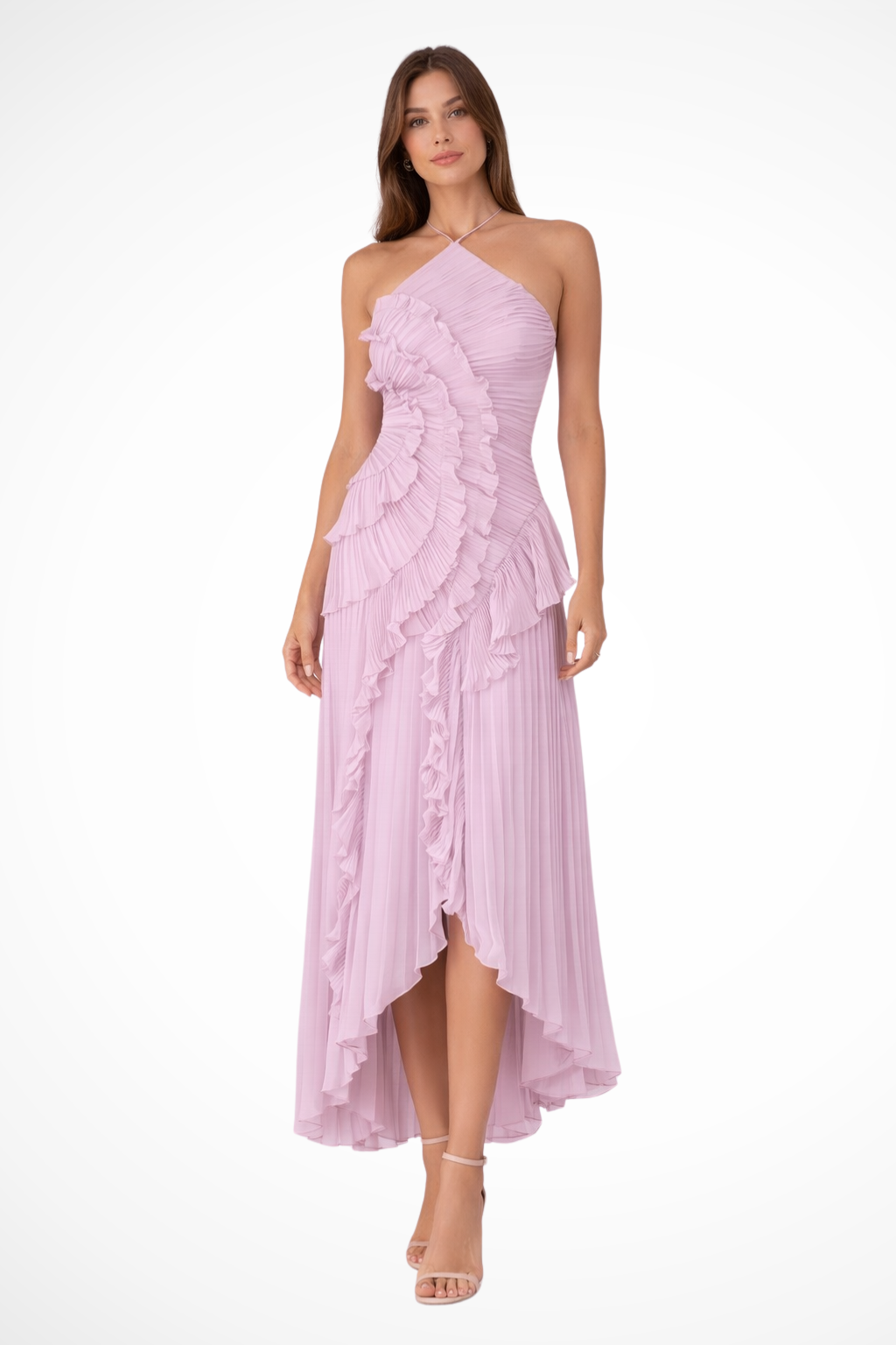 Women's Halter Neck Pleated Midi Dress with Tiered Ruffles and High-Low Hem