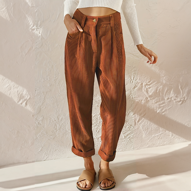 Women's High-Waist Corduroy Trousers Relaxed Tapered Leg Pants
