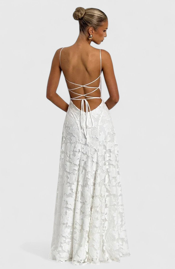 Women's Lace Maxi Wedding Guest Dress Floral Textured and Spaghetti Strap