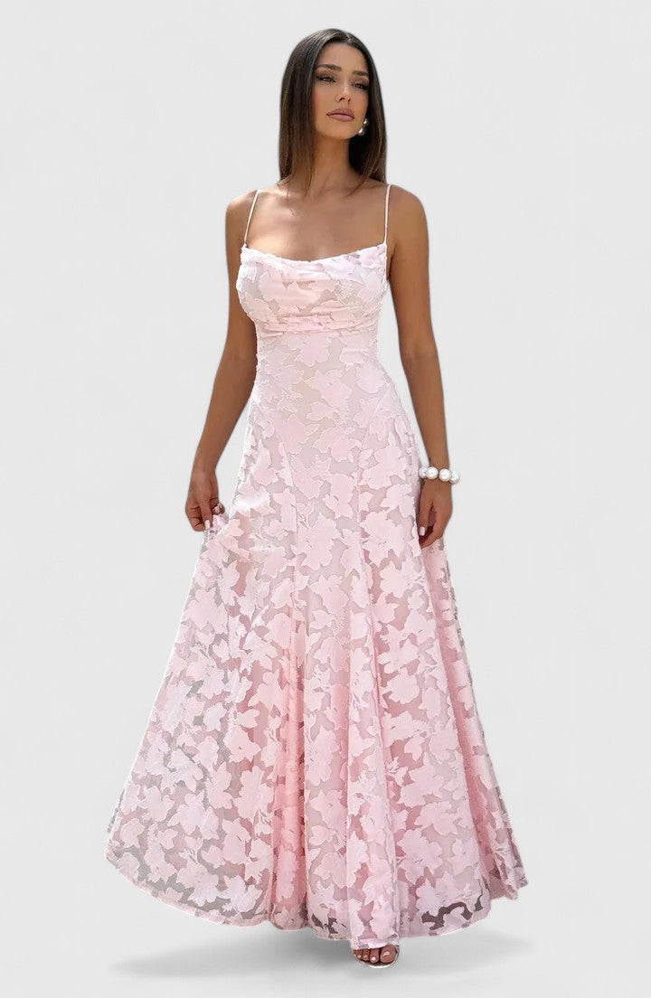 Women's Lace Maxi Wedding Guest Dress Floral Textured and Spaghetti Strap