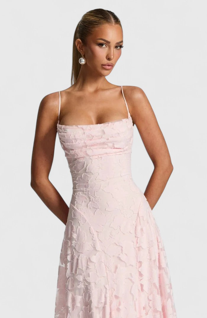 Women's Lace Maxi Wedding Guest Dress Floral Textured and Spaghetti Strap
