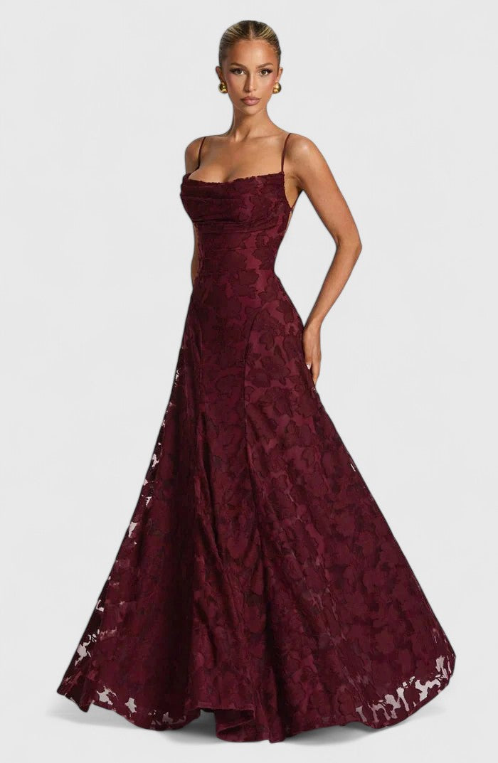 Women's Lace Maxi Wedding Guest Dress Floral Textured and Spaghetti Strap