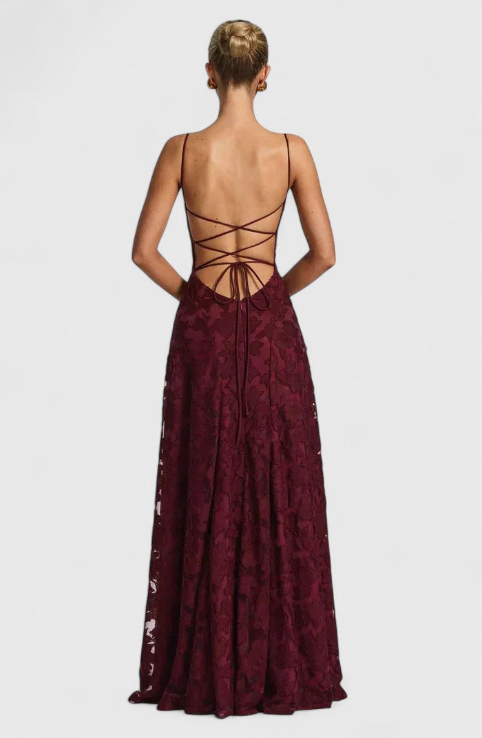 Women's Lace Maxi Wedding Guest Dress Floral Textured and Spaghetti Strap