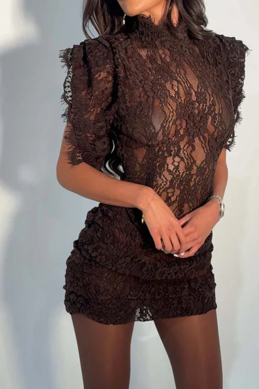 Women's Lace Mini Dress with High Neck and Flutter Sleeves