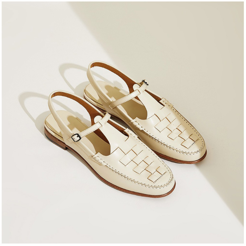 Women's Leather Sandals Woven Vamp and Adjustable T-Strap