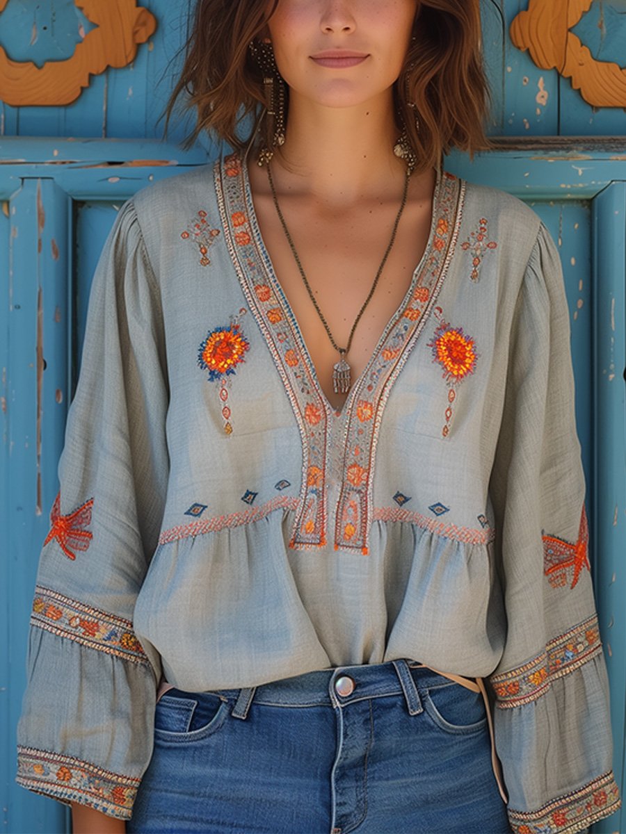 Women's Light Blue Linen Boho Blouse Ethnic Embroidery and Split V-Neckline