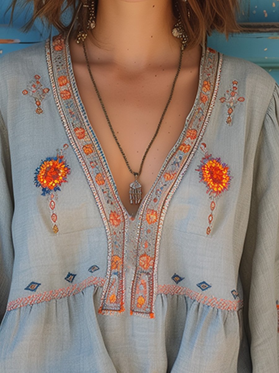 Women's Light Blue Linen Boho Blouse Ethnic Embroidery and Split V-Neckline